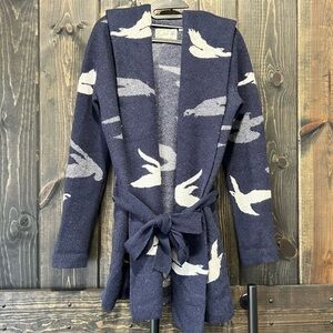 Anthropologie Field Flower Belted Cardigan Sweater S Wool Blue Bird Hooded Boho